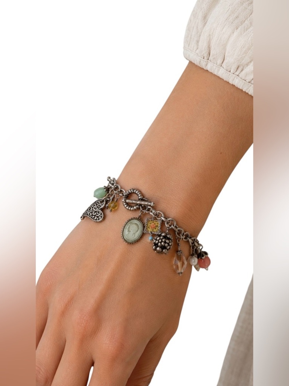 Retired Rare Brighton Whimsical Y2K Bella Vita Rose Heart Silver Bracelet